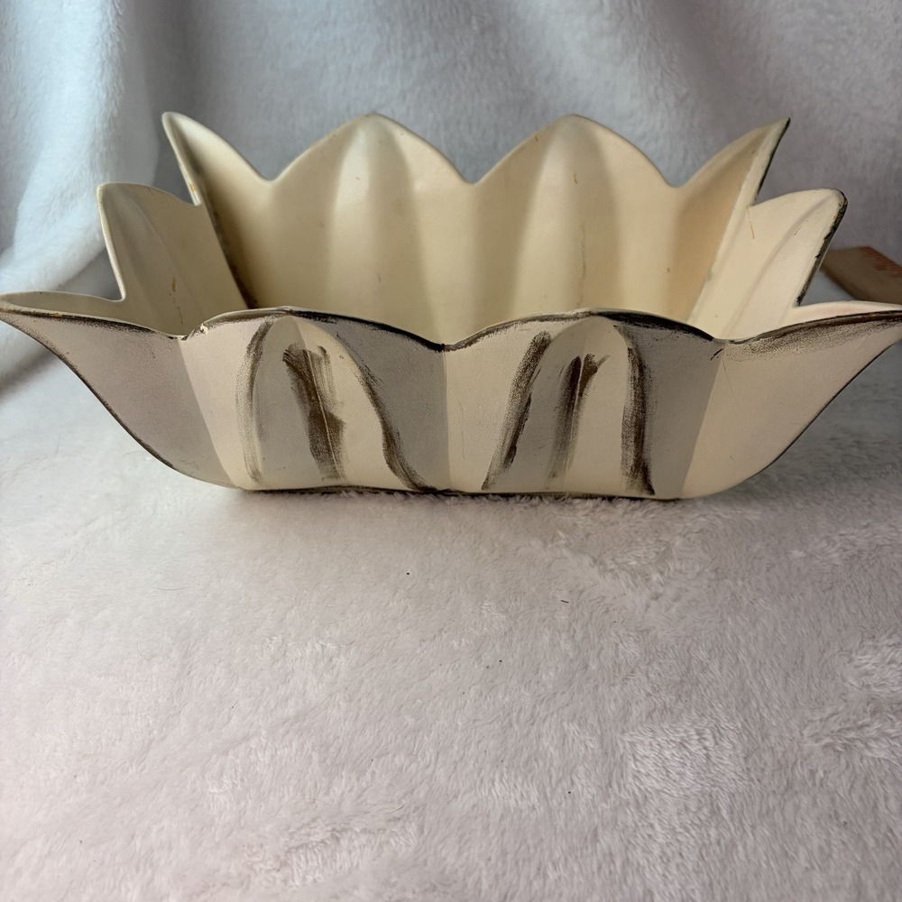 Vintage 60s California Pottery Scalloped Console Bowl Matte Cream Gold MCM 796